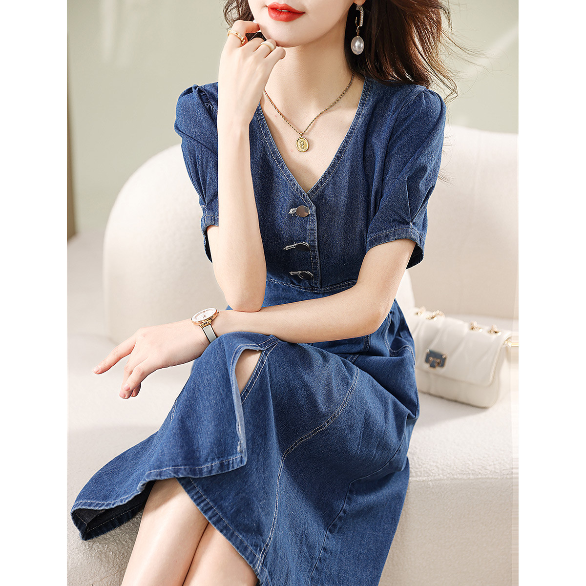 MY2914#复古牛仔收腰连衣裙夏季新款通勤气质V领伞裙连衣裙女裝貨源服裝批發