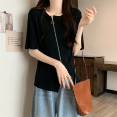 不规则拉链短袖T恤女2023夏季新款大码胖mm显瘦时尚洋气炸街上衣