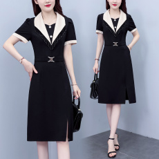 时尚休闲短袖西装连衣裙女2023夏季妈妈洋气时髦休闲减龄大码裙子