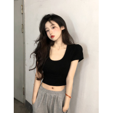 批发已出货 罗纹 短款T恤U领辣妹上衣<b class='q'>韩版</b>ins高腰修身<b class='q'>打底衫</b>