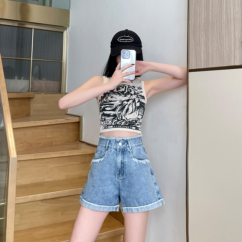 MY8964#夏牛仔短裤女毛边新款高腰显瘦宽松阔腿卷边A字辣妹热裤