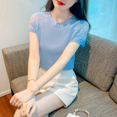 实拍！现货！有大图有视频！2023夏季刺绣针织套头百搭T恤女上衣