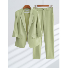 批发绿色薄款西装套装女夏季气质时尚职业装工作服小个子休闲西服外套