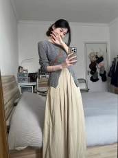 卡其色亚麻棉麻高腰窄版阔腿裤女夏季直筒宽松显瘦拖地休闲长裤子