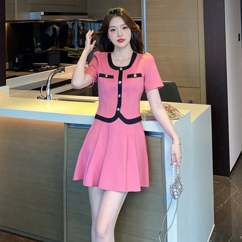 实拍韩版名媛甜美减龄气质短袖连衣裙两件套时尚粉色百褶套装裙