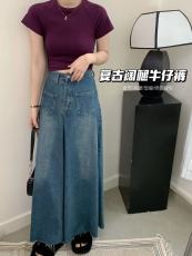 实拍复古阔腿牛仔裤裙女高腰春秋新款毛边宽松港风设计感直筒裤子