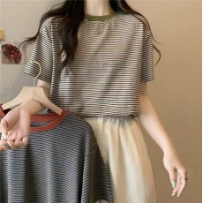 批发纯棉条纹宽松<b class='q'>短袖</b>T恤