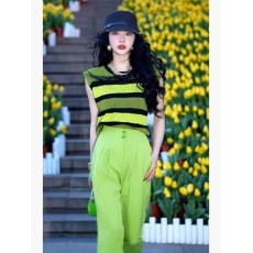 批发别致独特漂亮设计感小众chic甜辣无袖百搭上衣绿色条纹T恤女夏季