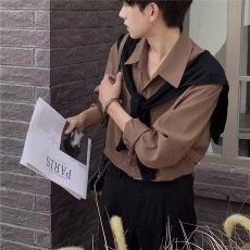 批发纯色潮慵懒青<b class='q'>春</b>流行男衬衫标准简约长袖气质潮流方领夏季ins新款