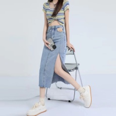 批发实拍~侧开叉牛仔裙女高腰显瘦<b class='q'>百搭</b>复古港味设计感中长款A字半身裙