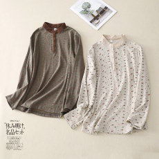 批发小碎花长袖T恤女士2026春季新款宽松<b class='q'>复古</b>套头打底衫休闲立领上衣