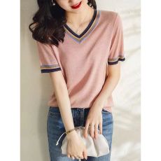 批发<b class='q'>梵</b><b class='q'>希</b><b class='q'>蔓</b>不灵不灵上衣薄款v领针织衫女粉色短袖t恤夏季显瘦百搭半袖