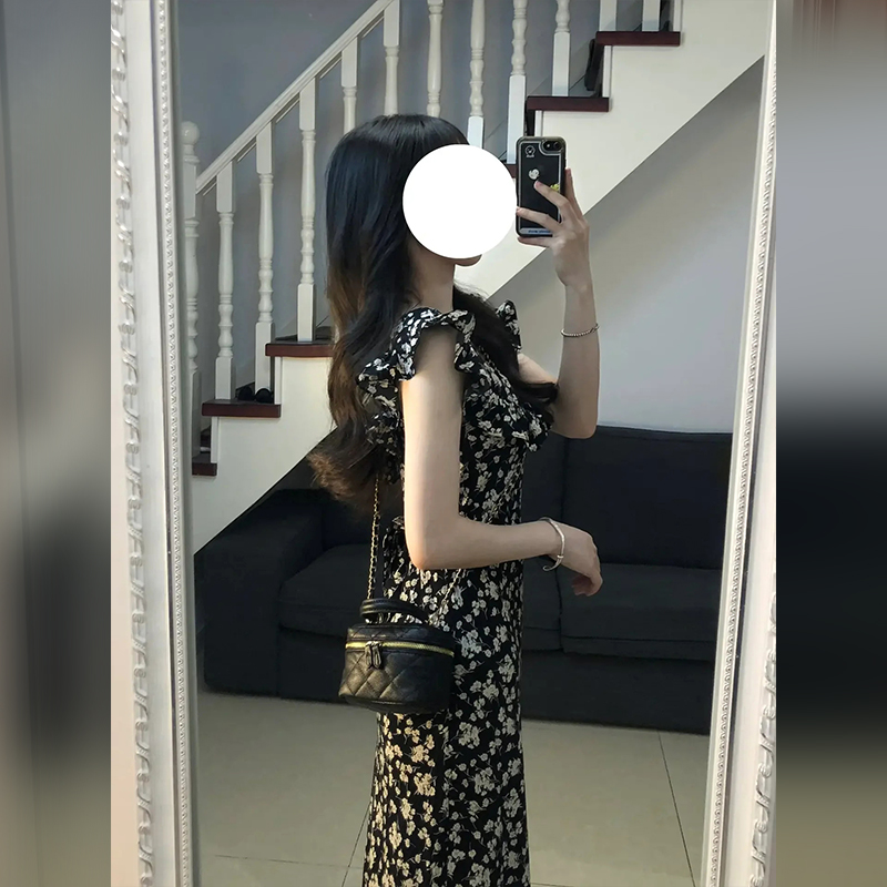 New French niche design high-end waist slimming slit black floral dress for women in summer