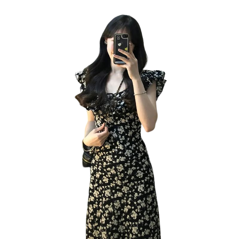 New French niche design high-end waist slimming slit black floral dress for women in summer