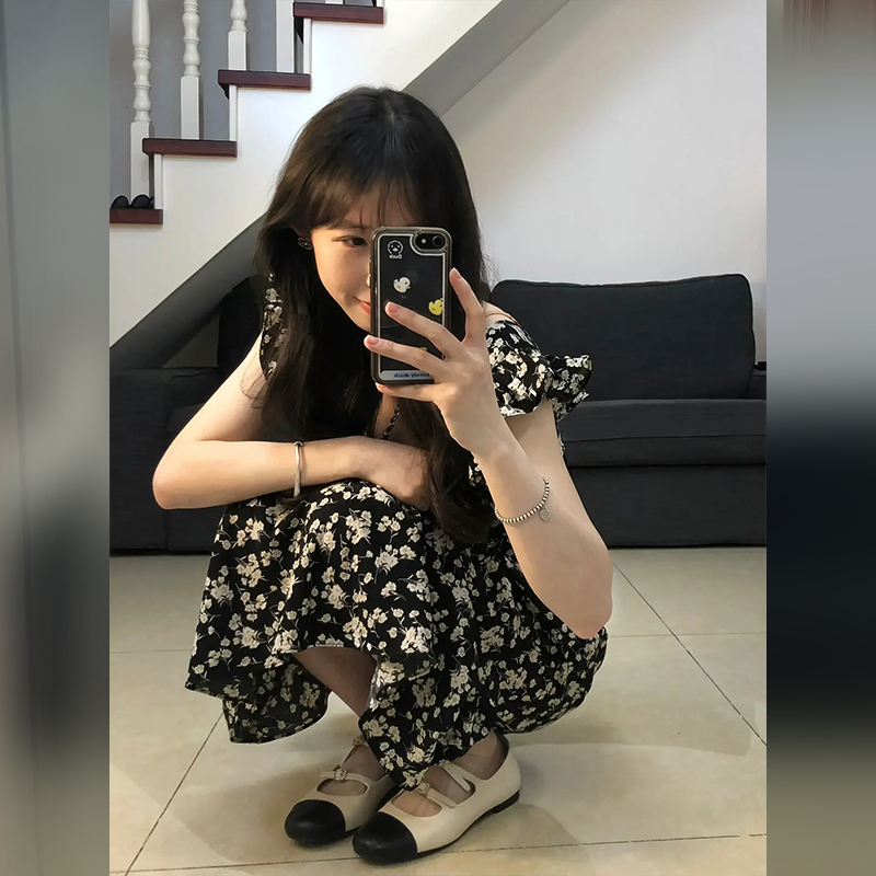 New French niche design high-end waist slimming slit black floral dress for women in summer