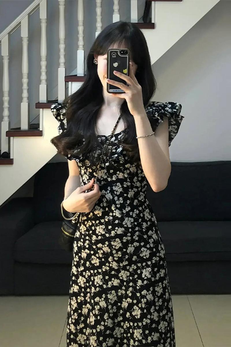 New French niche design high-end waist slimming slit black floral dress for women in summer