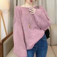 批发秋<b class='q'>冬</b>新款套头一字领毛衣女宽松慵懒风灯笼袖粗毛线蓝色打底衫上衣