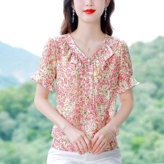 批发2023夏季新款短袖印花大码上衣V领套头百搭遮肚子加肥<b class='q'>加大</b>宽松