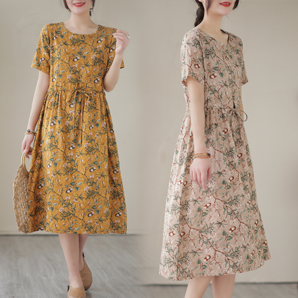 RM16239#棉麻夏季宽印花松型短袖中长裙