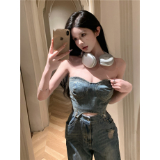 批发复古牛仔套<b class='q'>装</b>女新款抹胸背心<b class='q'>上衣</b>高腰显瘦长<b class='q'>裤</b>两件套