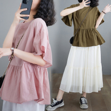 批发实拍2026夏新款韩版落肩喇叭袖显瘦遮肚上衣