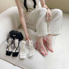 批发法式气质~小2023夏季众设计款方头细带高跟夹趾绑带凉鞋女鞋子