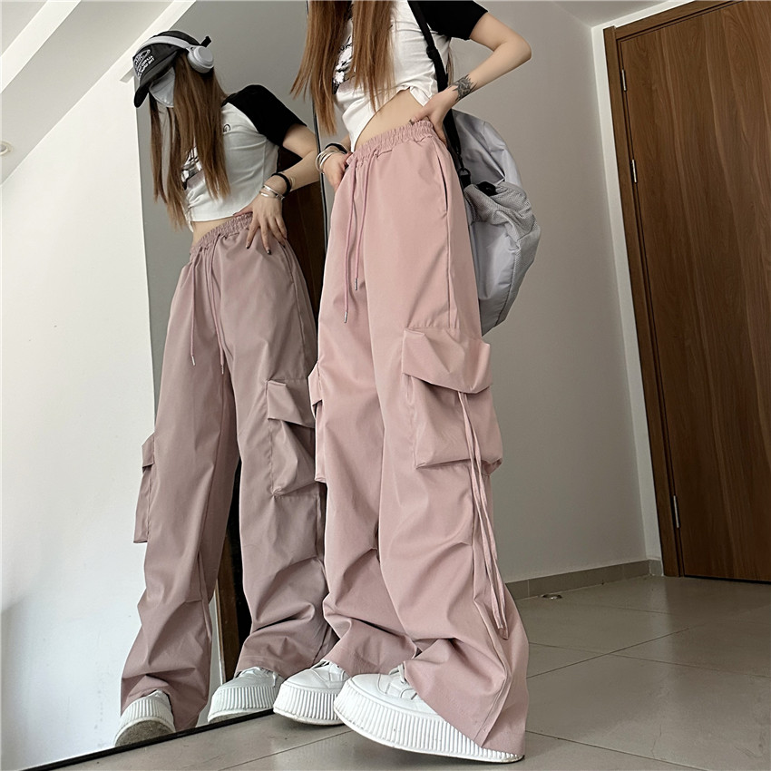 Actual shot of designer ribbons, big pockets, American overalls for women, high-waisted straight wide-leg pants for women, pink casual mopping