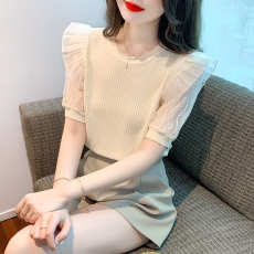2023夏季新款韩版甜美荷叶袖拼接冰丝针织衫气质百搭减龄小衫上衣