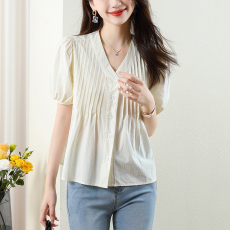 批发法式小众褶皱雪纺衬衫女<b class='q'>夏</b>季新款设计感洋气时尚泡泡袖别致上衣女