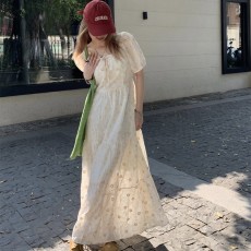 批发高个子方领泡泡袖碎花连衣裙女夏温柔<b class='q'>甜美</b>短袖小清新脚踝长裙子