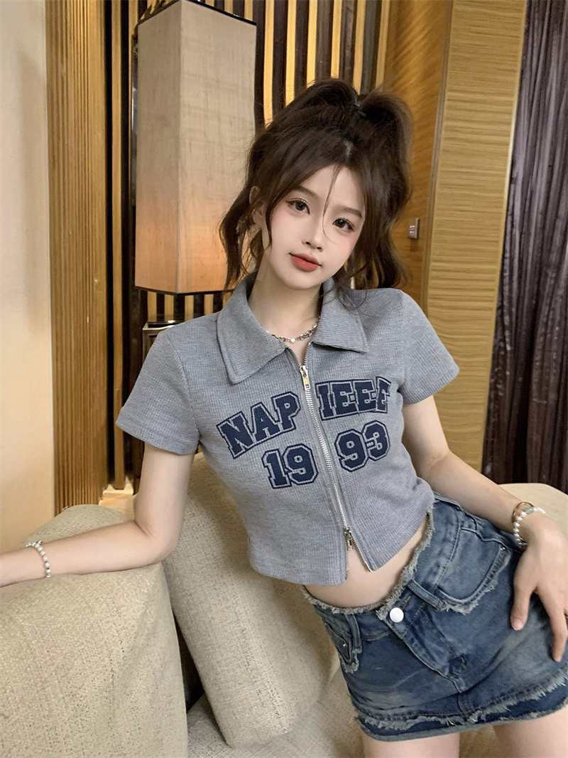 美式復古字母短袖T恤女夏季ins潮拉鏈翻領設計感小眾修身短款上衣