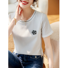 批发<b class='q'>韩版</b>圆领短袖T恤女夏装2025年夏季新款时尚套头宽松减龄气质上衣