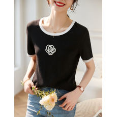 批发小香风黑色<b class='q'>山茶花</b><b class='q'>t</b><b class='q'>恤</b>女夏季2026年新款短袖正肩上衣<b class='q'>T</b><b class='q'>恤</b>