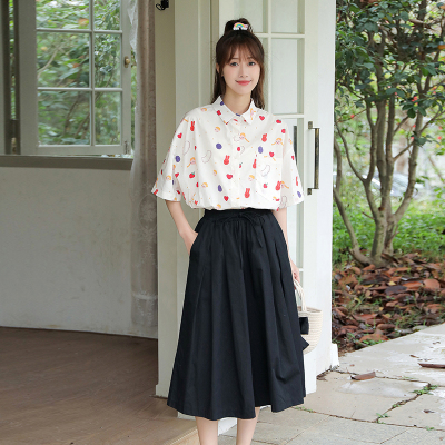 *夏季新款女可爱童趣图案衬衫+百搭裤套装
