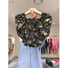 批发东大门碎花褶皱短款修身方领气质百搭复古衬衫女