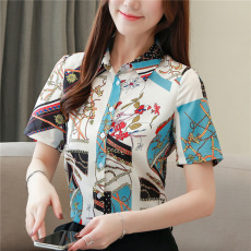 批发真丝衬衫女2026新款夏装翻领杭州<b class='q'>桑蚕丝</b>双绉印花洋气时尚短袖<b class='q'>上衣</b>
