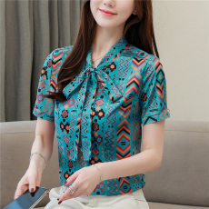 批发2026夏季新款真丝衬衫<b class='q'>桑蚕丝</b><b class='q'>上衣</b>蝴蝶结系带复古潮流气质短袖衬衣