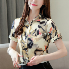 批发短袖真丝<b class='q'>衬衫女</b>2026年夏季缎面桑蚕丝印花衬衣短款<b class='q'>韩版</b>气质上衣潮
