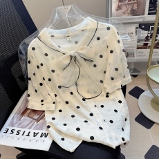 批发2026年夏季新款蝴蝶结小波点泡泡袖黑白复古短袖<b class='q'>衬衫</b>上衣女