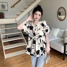 批发实拍夏装<b class='q'>大码</b>女装<b class='q'>韩版</b>修身显瘦设计感V领抽绳长袖衬衣M-4XL200斤