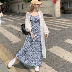 批发大码高个子长款方领收腰显瘦碎花连衣裙夏飞飞袖度假风脚踝长裙子