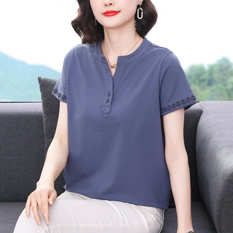 MY388# 半开领t恤女短袖夏季新款中年妈妈遮肚减龄上衣女裝貨源服裝批發