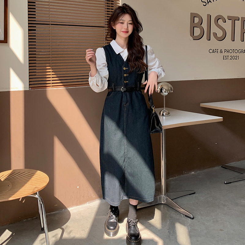실사 빅 사이즈 새로운 데님 슬립 드레스 허리 수축 슬림해 보이는 조끼 스커트 화이트 셔츠 투피스 세트