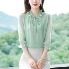 批发2026年春季新款时尚百搭雪纺衬衣花瓣领减龄<b class='q'>中袖</b>洋气<b class='q'>上衣</b>女