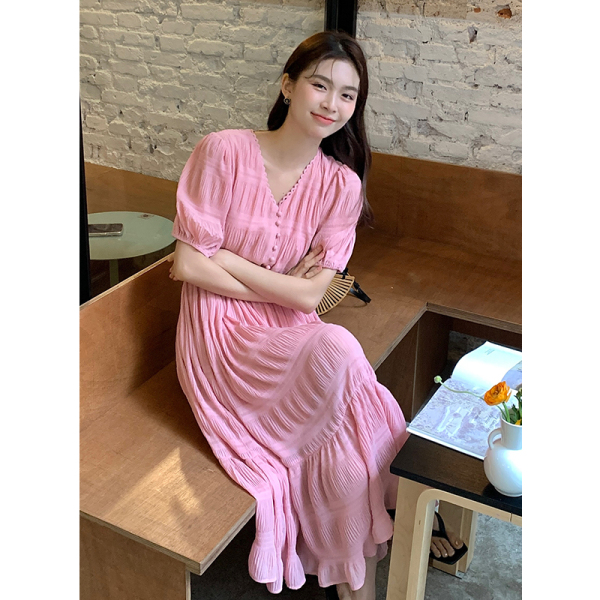 RM10780#夏季新款法式优雅纯色花边领压褶裙子短袖雪纺连衣裙女