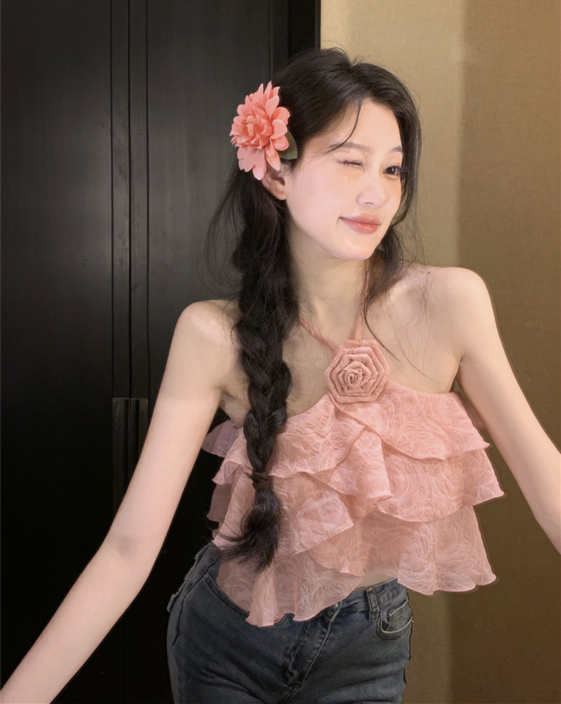 실사 정가 장미 디자인 센스 행침 목 외출용 캐미솔 달콤한 매운맛 이슬 뼈의 맨위 여름