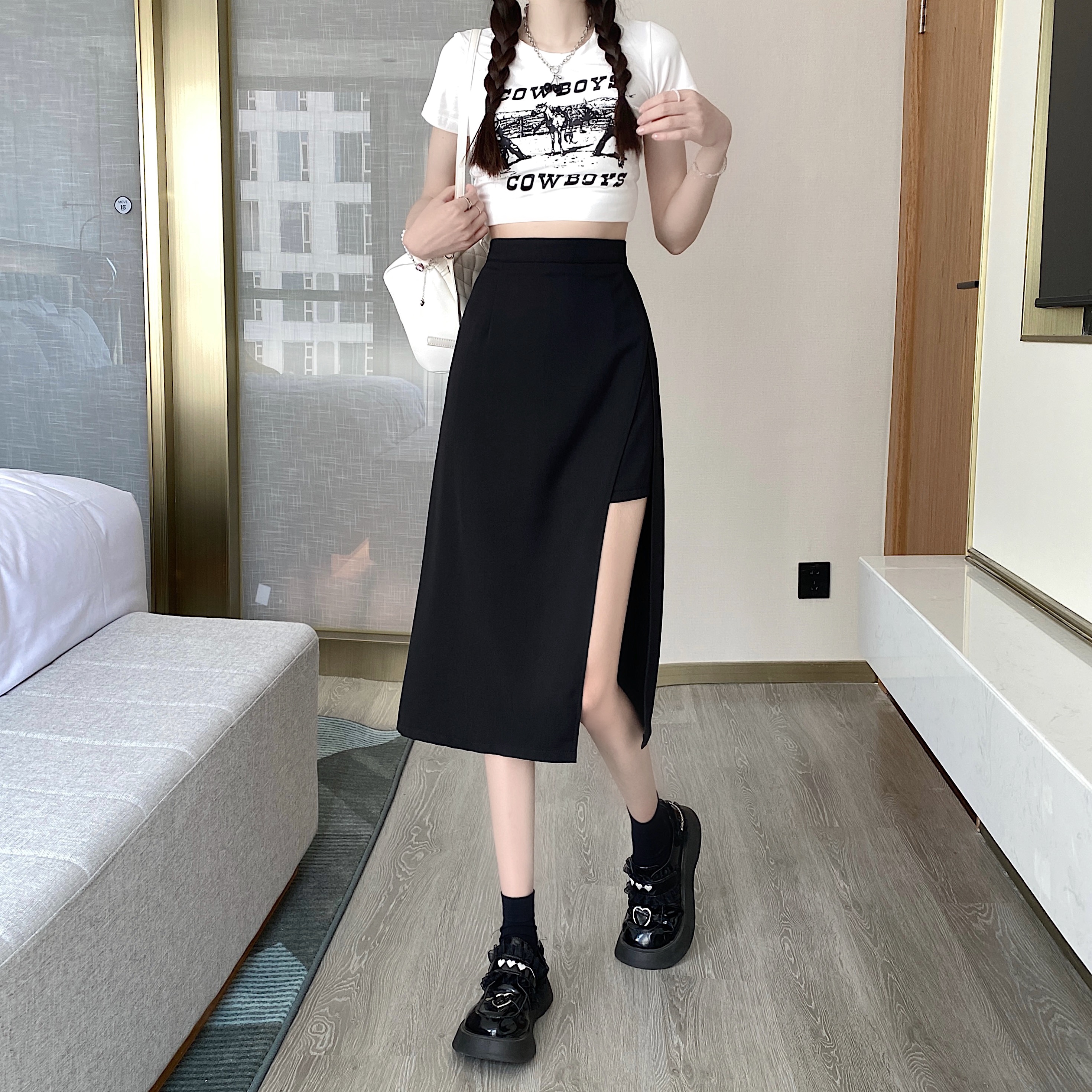 Plus size women's clothing design high waist slim suit skirt fat mm irregular mid-length culottes