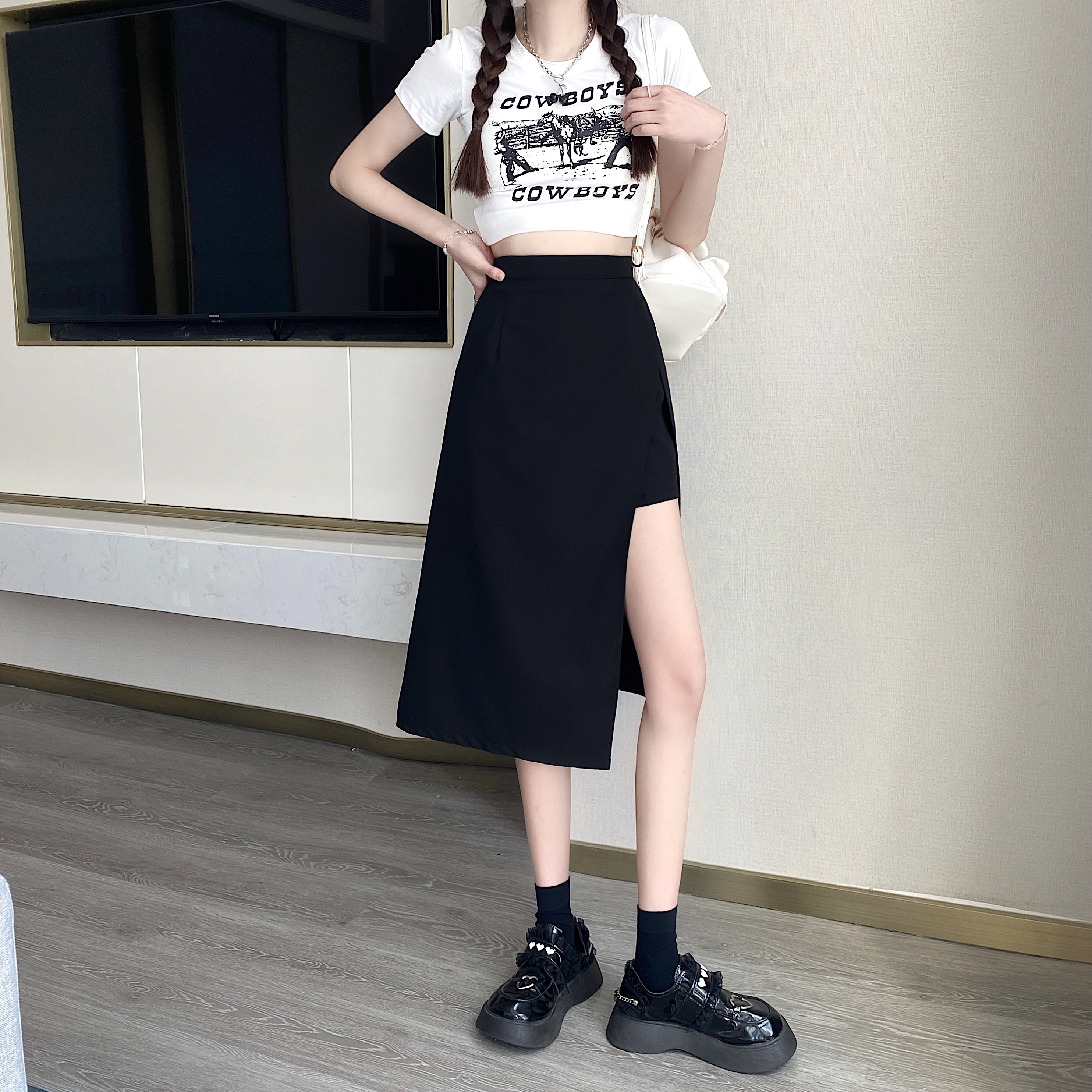 Plus size women's clothing design high waist slim suit skirt fat mm irregular mid-length culottes