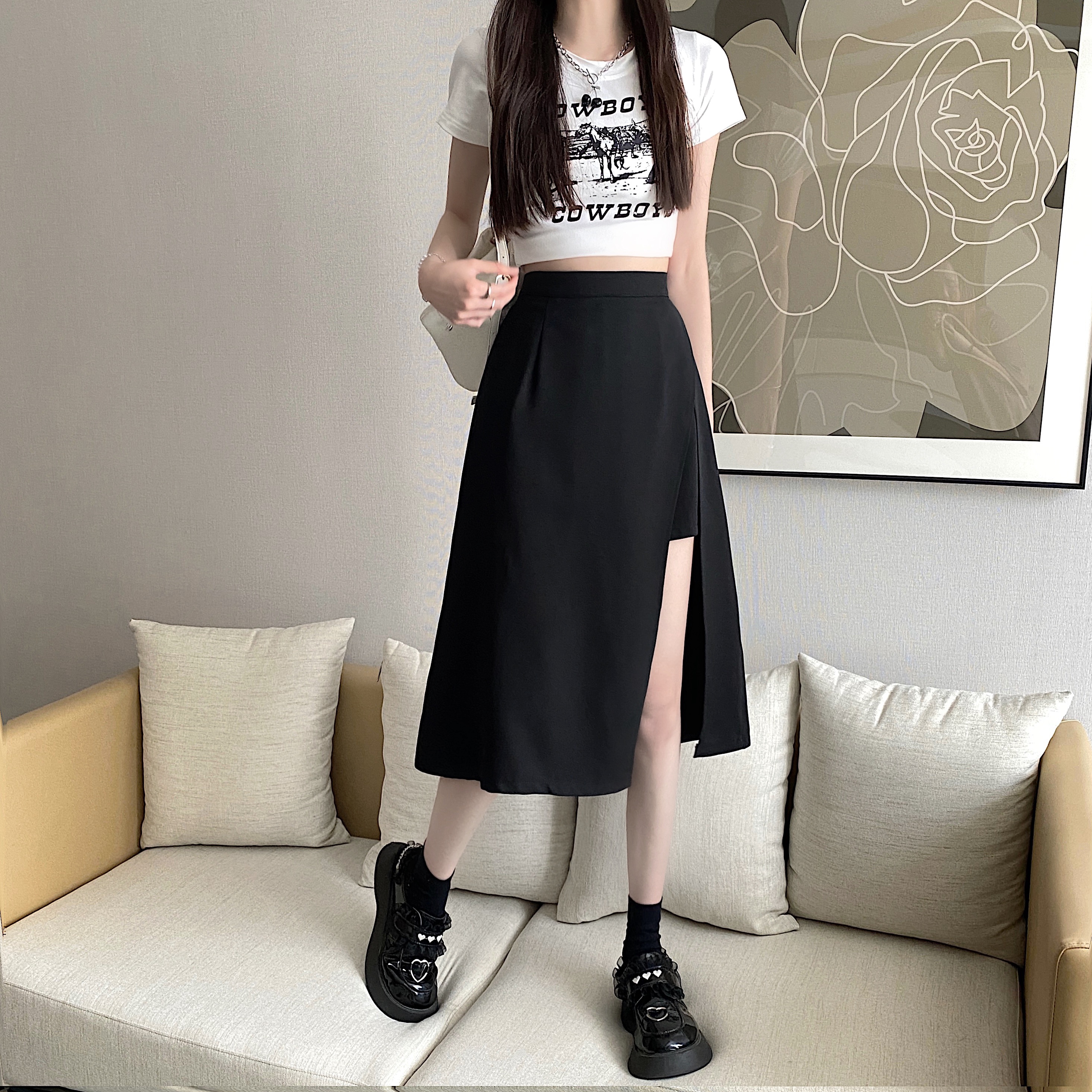 Plus size women's clothing design high waist slim suit skirt fat mm irregular mid-length culottes