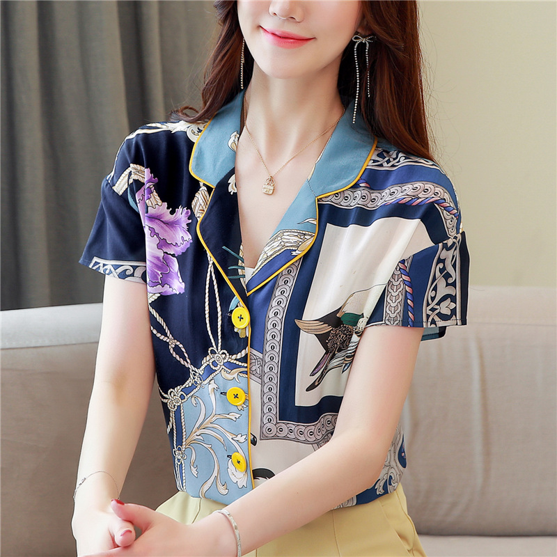 RY2685# 真丝衬衫女短袖2026新款夏季西装领撞色宽松上衣通勤复古印...